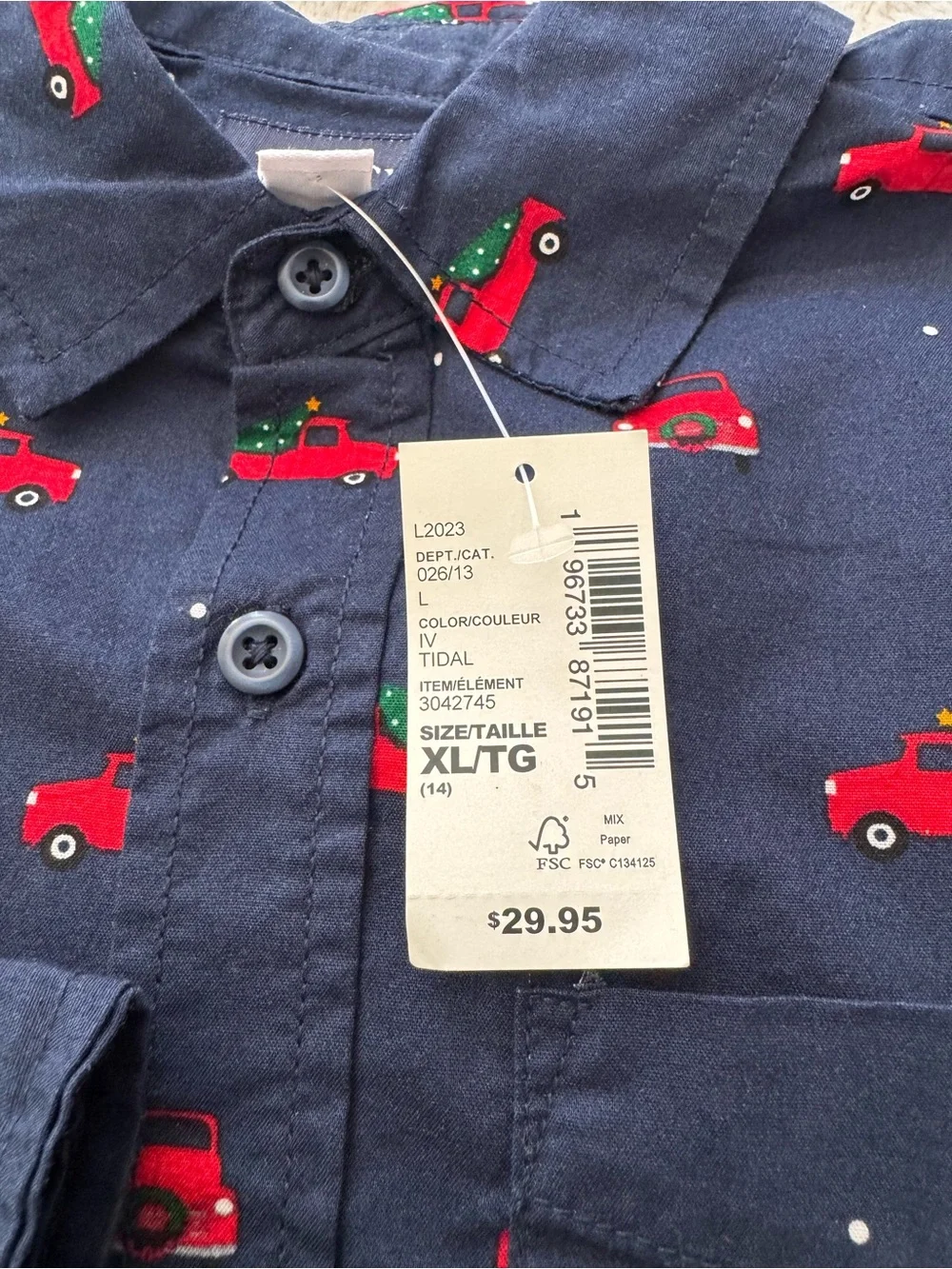 The Children's Place Boys Navy Button-Down Shirt with Red Car Print Sz 14